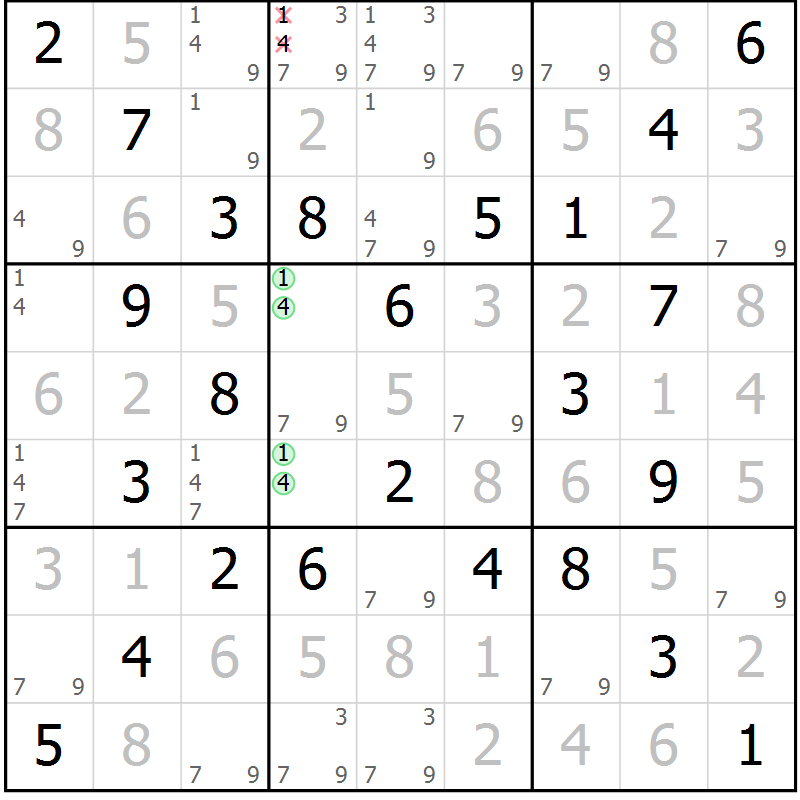 Position des candidats pour la solution de la Gr 55 page 58 du magazine de sudoku Giga sudoku niv 6-8 n° 016