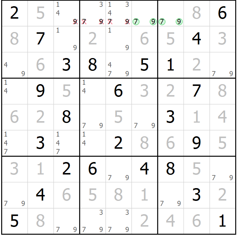 Position des candidats pour la solution de la Gr 55 page 58 du magazine de sudoku Giga sudoku niv 6-8 n° 016