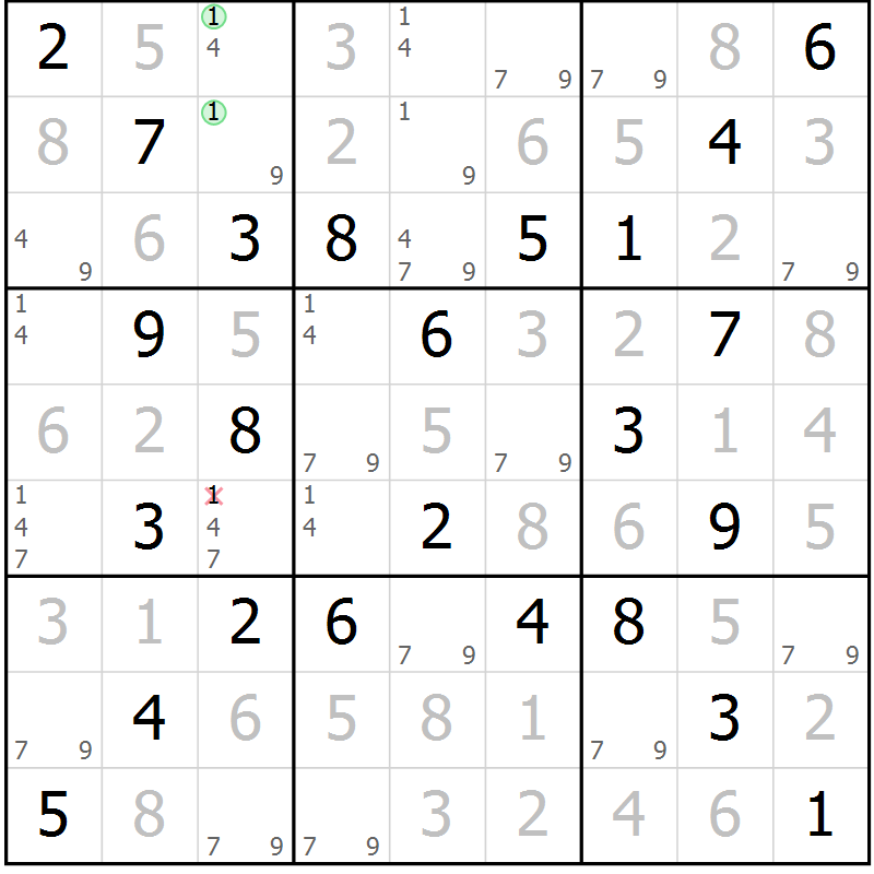 Position des candidats pour la solution de la Gr 55 page 58 du magazine de sudoku Giga sudoku niv 6-8 n° 016