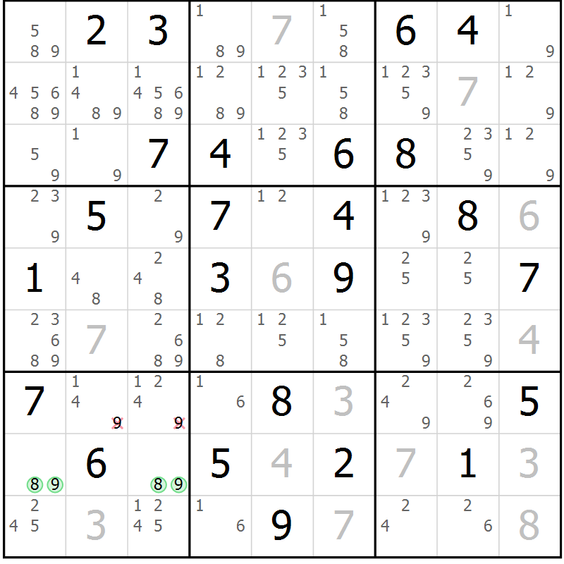Position des candidats pour la solution de la Gr 56 page 59 du magazine de sudoku Giga sudoku niv 6-8 n° 016
