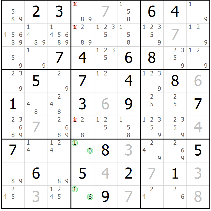 Position des candidats pour la solution de la Gr 56 page 59 du magazine de sudoku Giga sudoku niv 6-8 n° 016