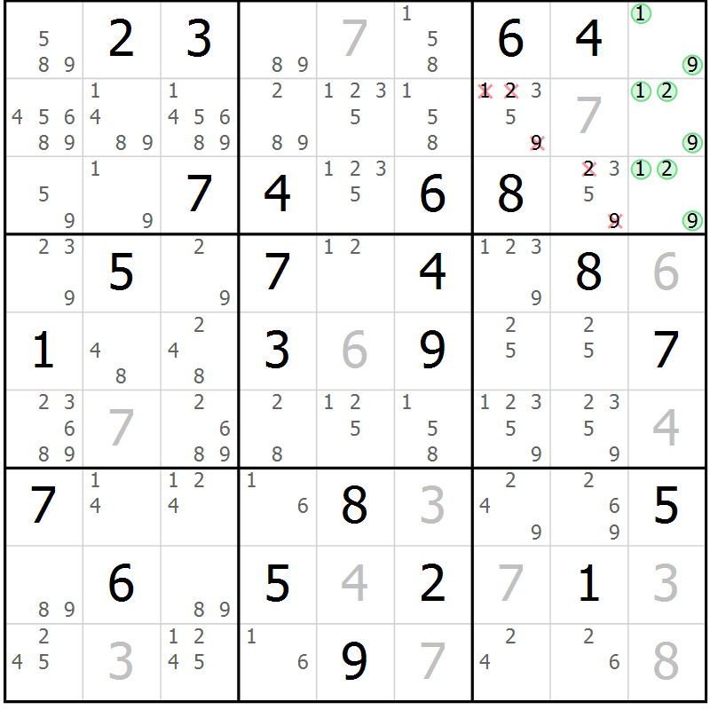 Position des candidats pour la solution de la Gr 56 page 59 du magazine de sudoku Giga sudoku niv 6-8 n° 016
