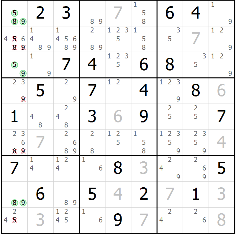 Position des candidats pour la solution de la Gr 56 page 59 du magazine de sudoku Giga sudoku niv 6-8 n° 016