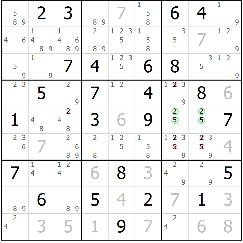 Position des candidats pour la solution de la Gr 56 page 59 du magazine de sudoku Giga sudoku niv 6-8 n° 016