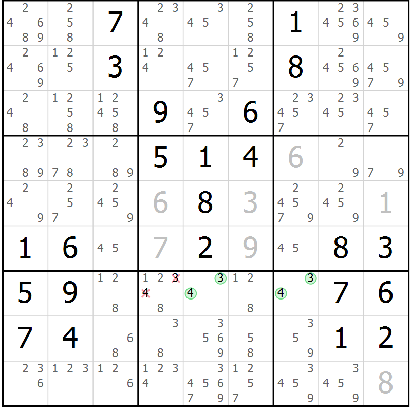 Position des candidats pour la solution de la Gr 58 page 61 du magazine de sudoku Giga sudoku niv 6-8 n° 016