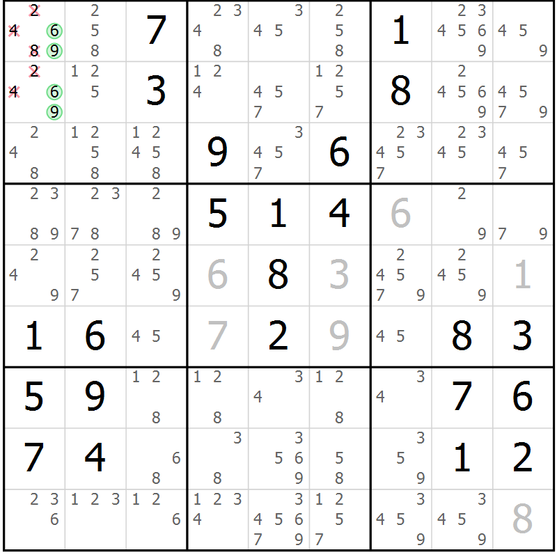 Position des candidats pour la solution de la Gr 58 page 61 du magazine de sudoku Giga sudoku niv 6-8 n° 016