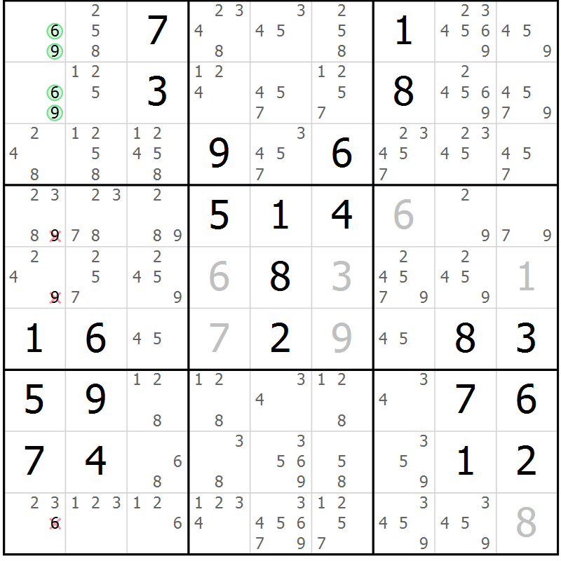 Position des candidats pour la solution de la Gr 58 page 61 du magazine de sudoku Giga sudoku niv 6-8 n° 016