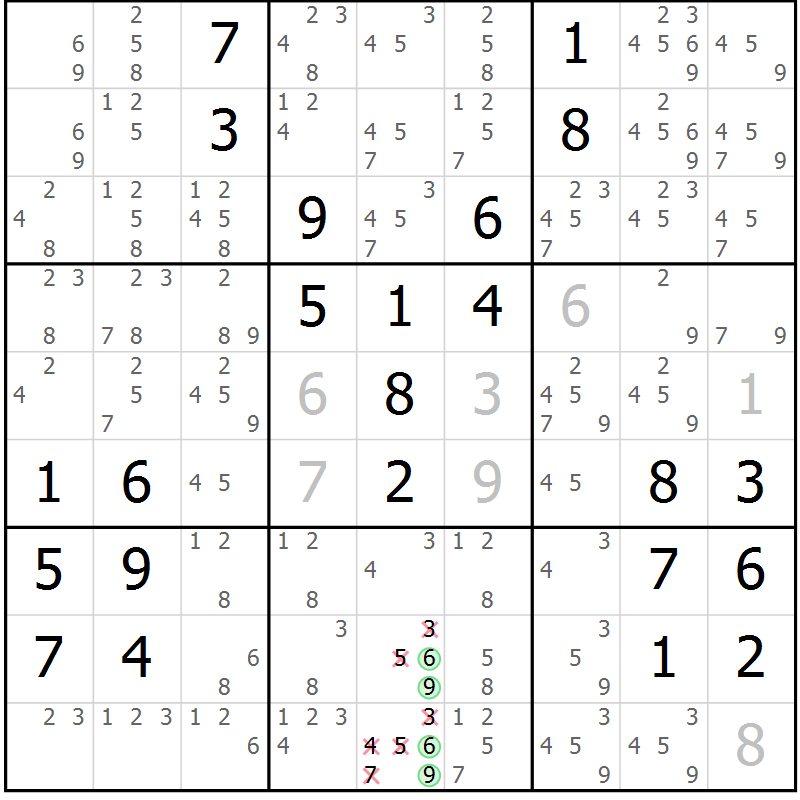 Position des candidats pour la solution de la Gr 58 page 61 du magazine de sudoku Giga sudoku niv 6-8 n° 016