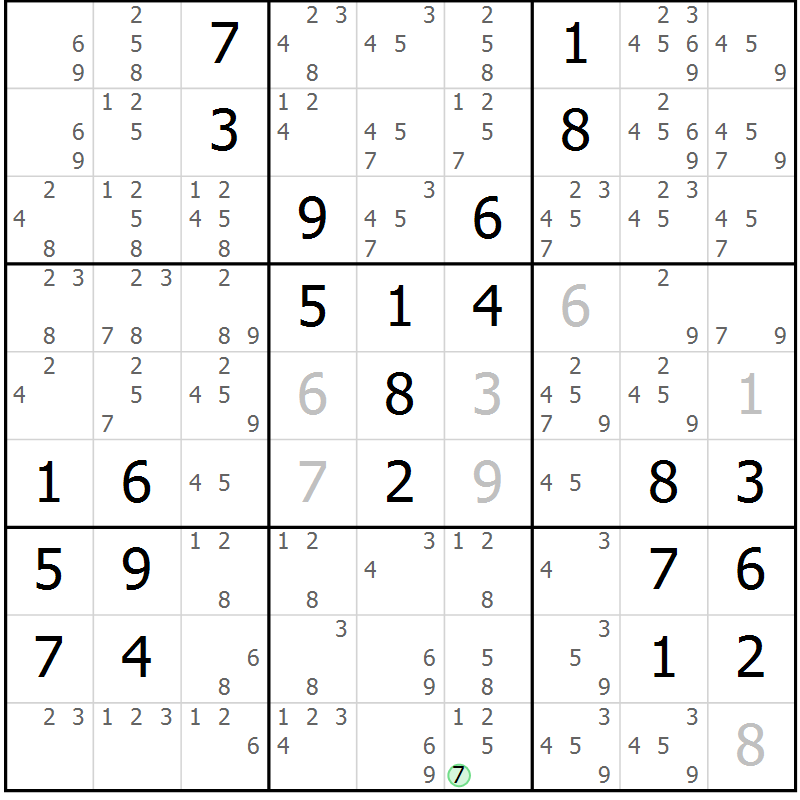 Position des candidats pour la solution de la Gr 58 page 61 du magazine de sudoku Giga sudoku niv 6-8 n° 016