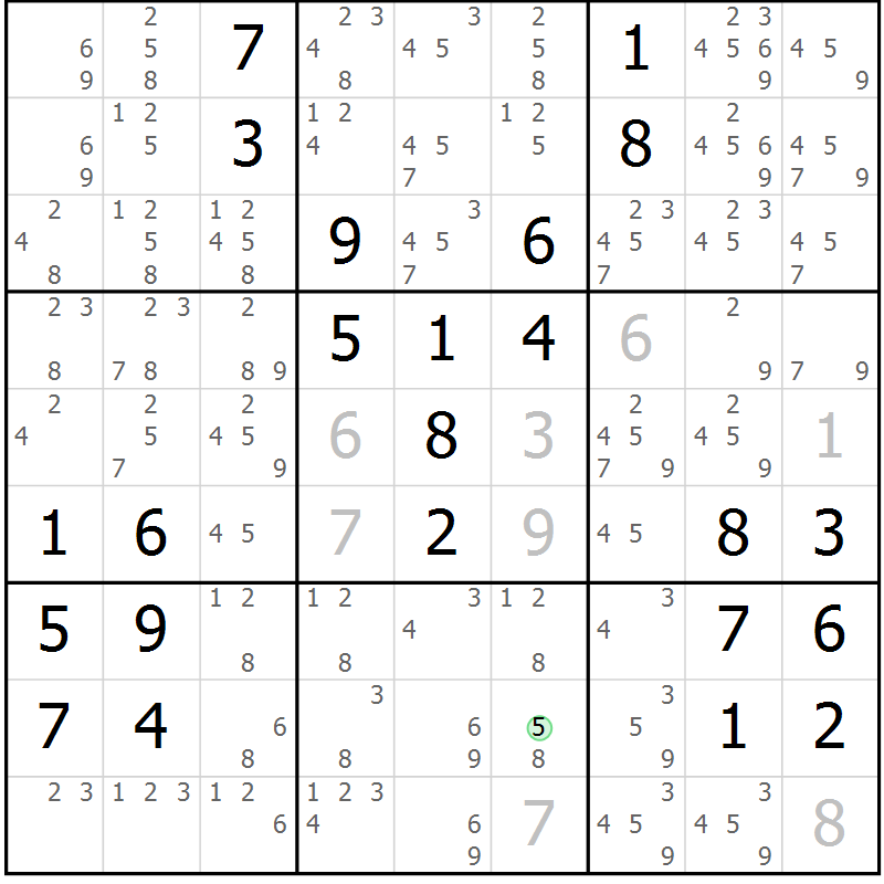 Position des candidats pour la solution de la Gr 58 page 61 du magazine de sudoku Giga sudoku niv 6-8 n° 016