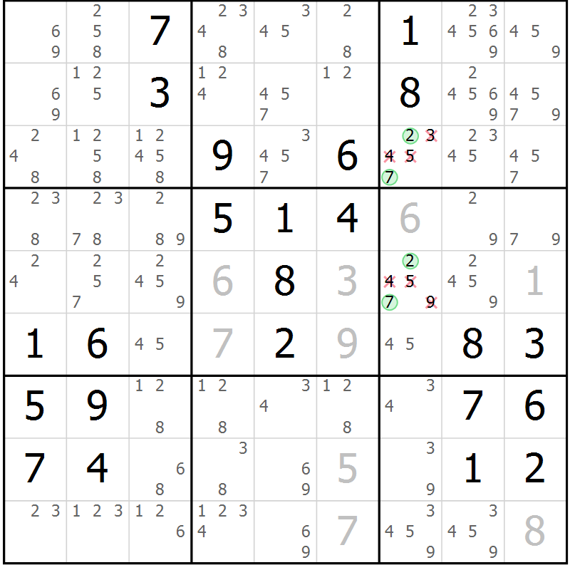 Position des candidats pour la solution de la Gr 58 page 61 du magazine de sudoku Giga sudoku niv 6-8 n° 016