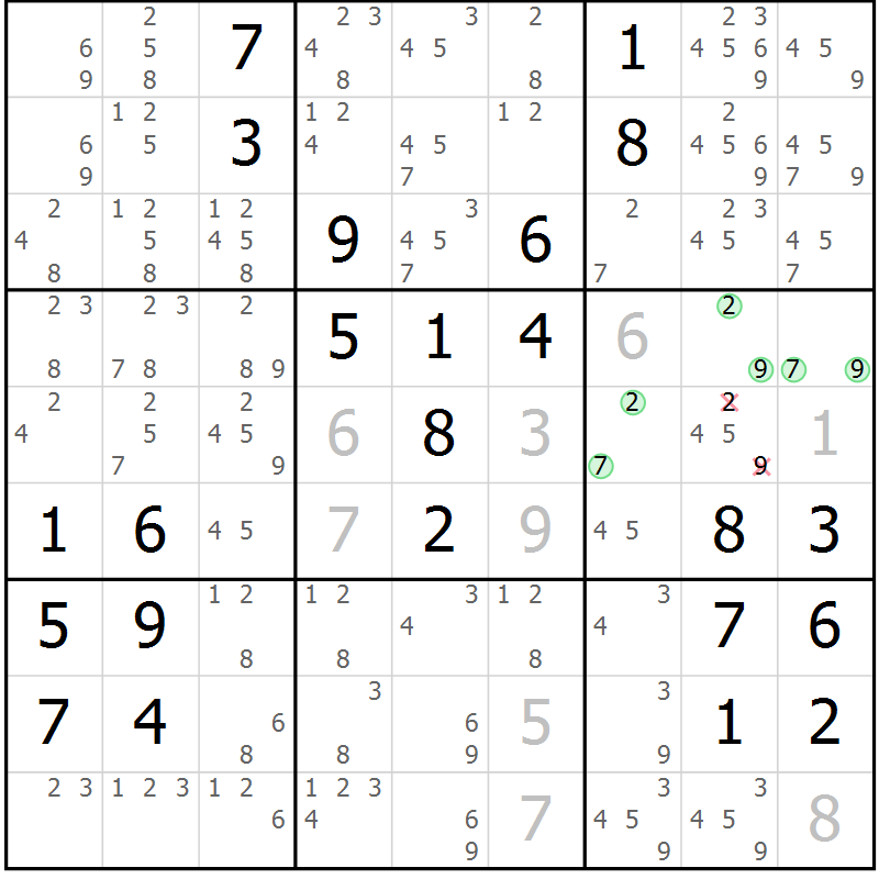 Position des candidats pour la solution de la Gr 58 page 61 du magazine de sudoku Giga sudoku niv 6-8 n° 016