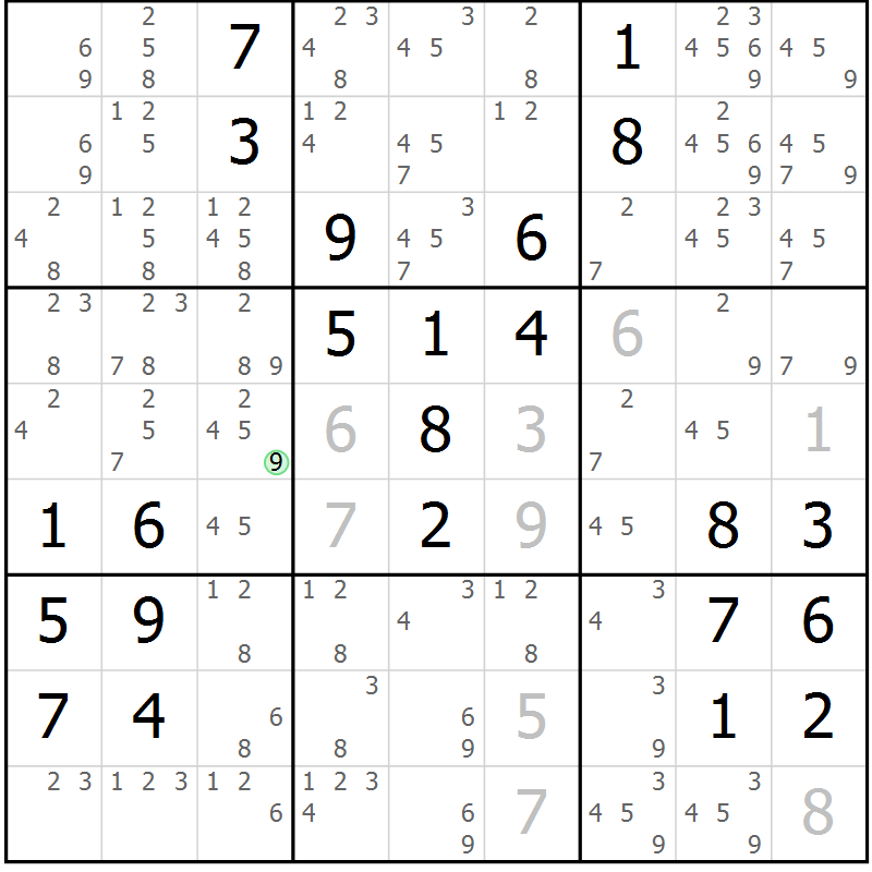 Position des candidats pour la solution de la Gr 58 page 61 du magazine de sudoku Giga sudoku niv 6-8 n° 016