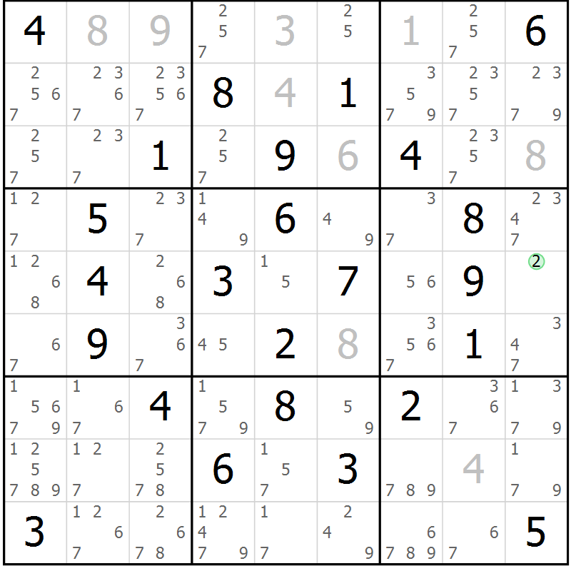 Position des candidats pour la solution de la Gr 6 page 9 du magazine de sudoku Giga sudoku niv 6-8 n° 016