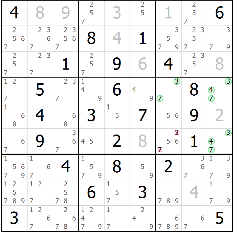 Position des candidats pour la solution de la Gr 6 page 9 du magazine de sudoku Giga sudoku niv 6-8 n° 016