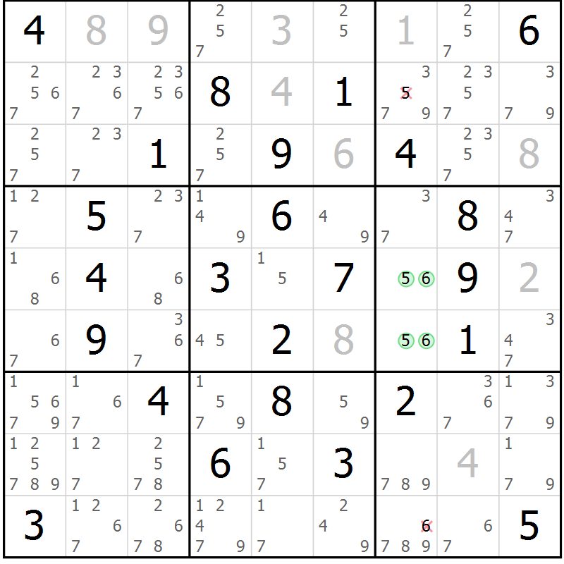 Position des candidats pour la solution de la Gr 6 page 9 du magazine de sudoku Giga sudoku niv 6-8 n° 016