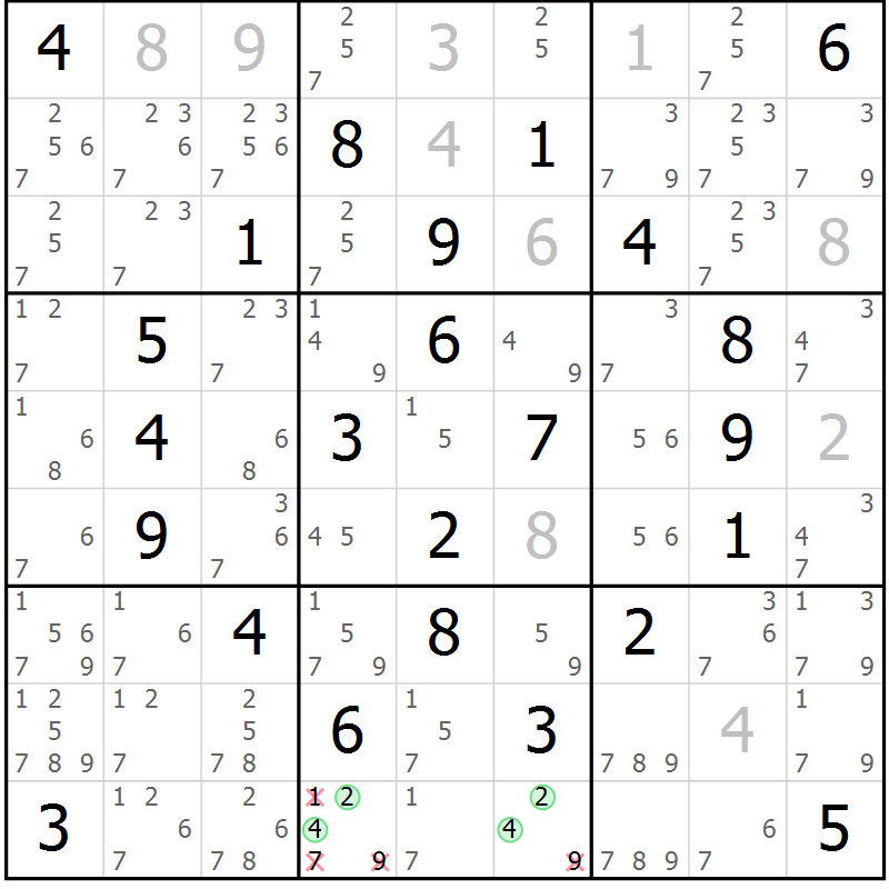 Position des candidats pour la solution de la Gr 6 page 9 du magazine de sudoku Giga sudoku niv 6-8 n° 016