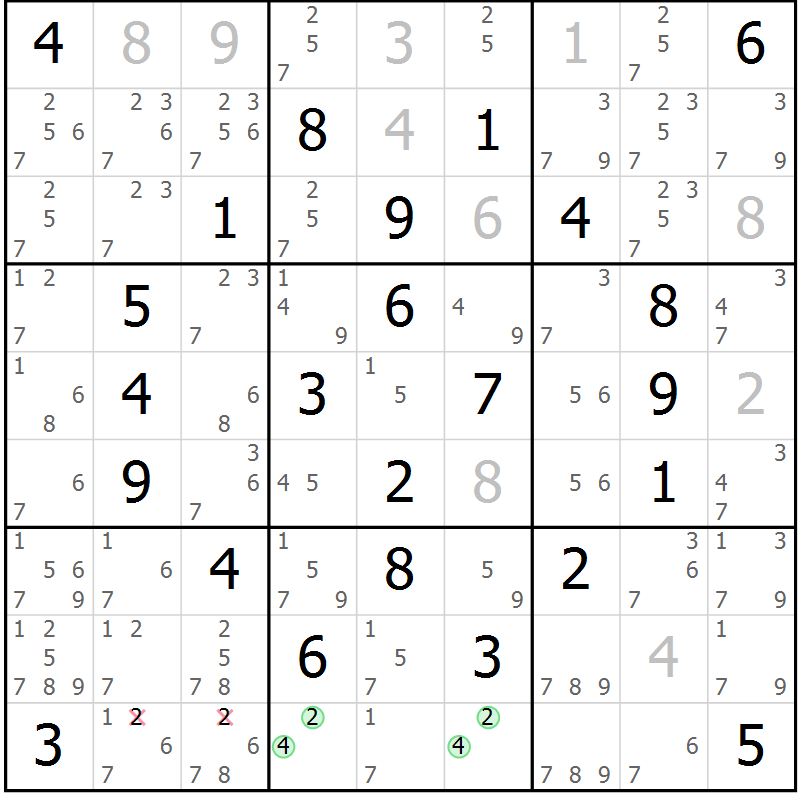 Position des candidats pour la solution de la Gr 6 page 9 du magazine de sudoku Giga sudoku niv 6-8 n° 016