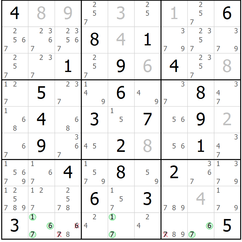 Position des candidats pour la solution de la Gr 6 page 9 du magazine de sudoku Giga sudoku niv 6-8 n° 016