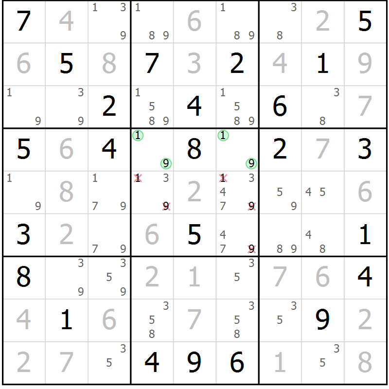 Position des candidats pour la solution de la Gr 60 page 63 du magazine de sudoku Giga sudoku niv 6-8 n° 016