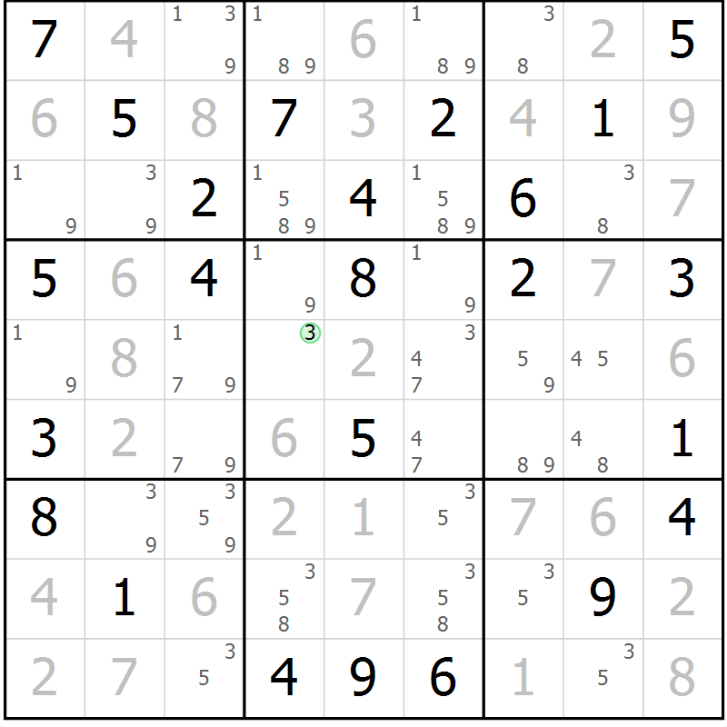 Position des candidats pour la solution de la Gr 60 page 63 du magazine de sudoku Giga sudoku niv 6-8 n° 016