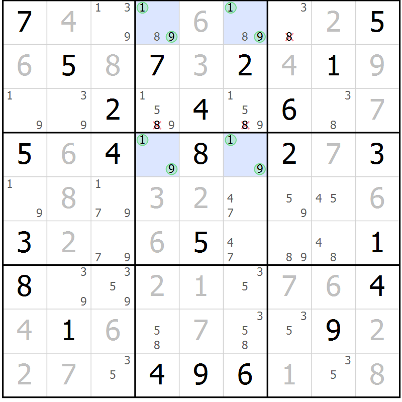 Position des candidats pour la solution de la Gr 60 page 63 du magazine de sudoku Giga sudoku niv 6-8 n° 016