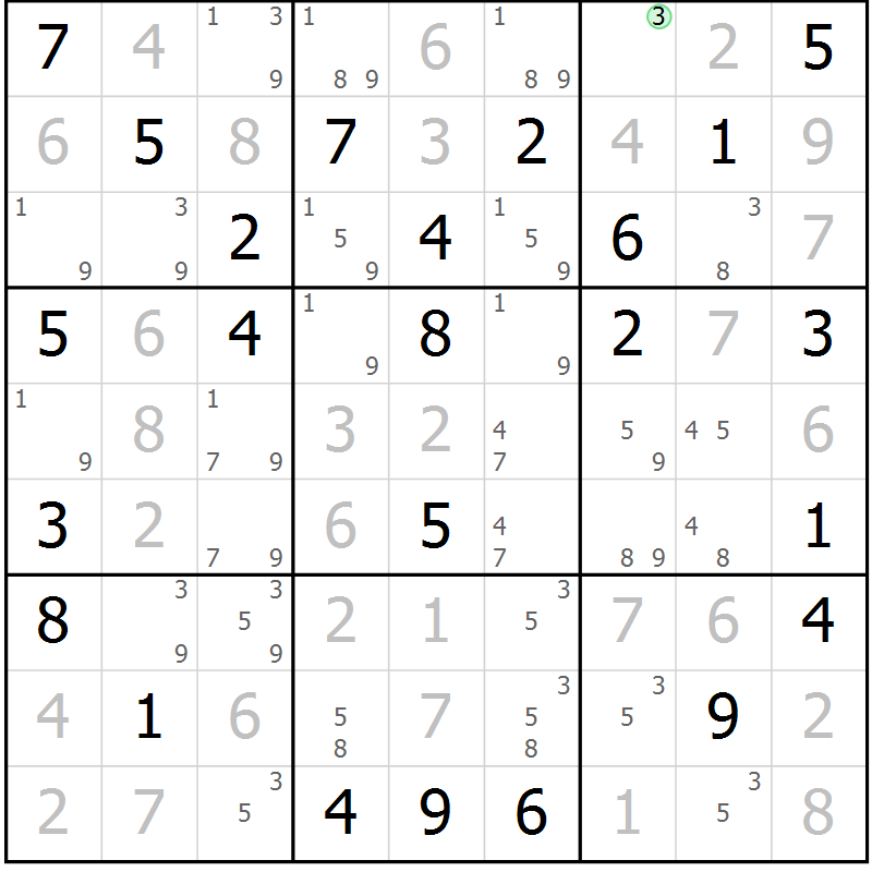 Position des candidats pour la solution de la Gr 60 page 63 du magazine de sudoku Giga sudoku niv 6-8 n° 016