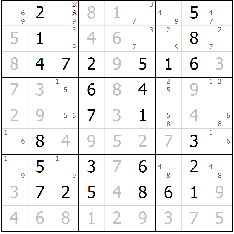 Position des candidats pour la solution de la Gr 61 page 64 du magazine de sudoku Giga sudoku niv 6-8 n° 016