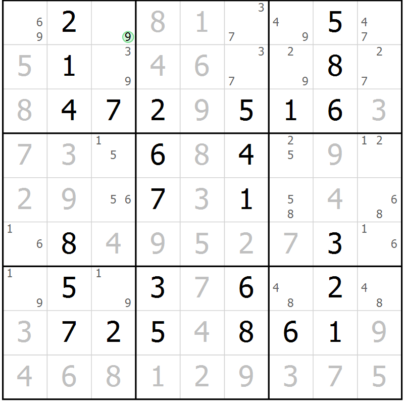 Position des candidats pour la solution de la Gr 61 page 64 du magazine de sudoku Giga sudoku niv 6-8 n° 016
