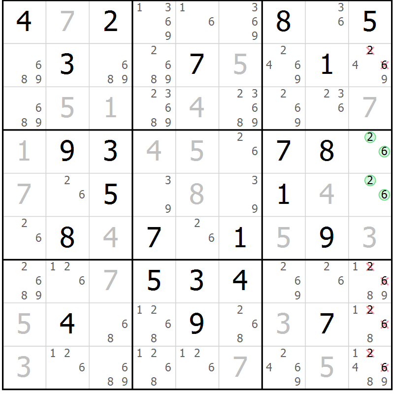Position des candidats pour la solution de la Gr 63 page 66 du magazine de sudoku Giga sudoku niv 6-8 n° 016