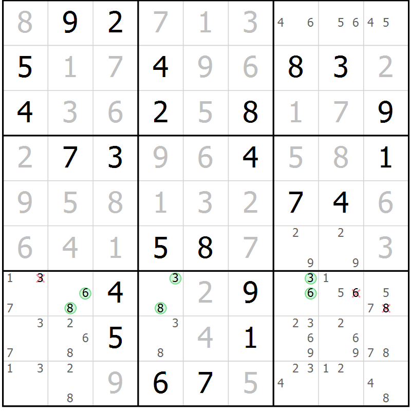 Position des candidats pour la solution de la Gr 64 page 67 du magazine de sudoku Giga sudoku niv 6-8 n° 016