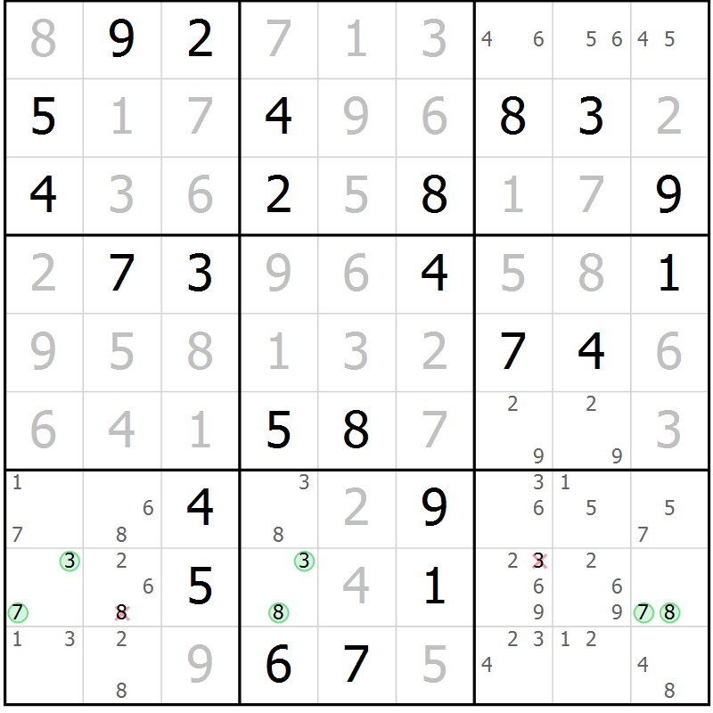 Position des candidats pour la solution de la Gr 64 page 67 du magazine de sudoku Giga sudoku niv 6-8 n° 016