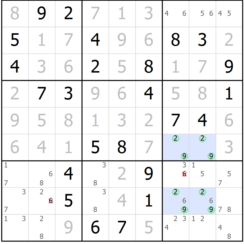 Position des candidats pour la solution de la Gr 64 page 67 du magazine de sudoku Giga sudoku niv 6-8 n° 016