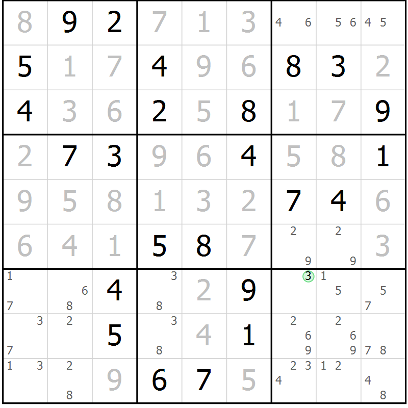 Position des candidats pour la solution de la Gr 64 page 67 du magazine de sudoku Giga sudoku niv 6-8 n° 016