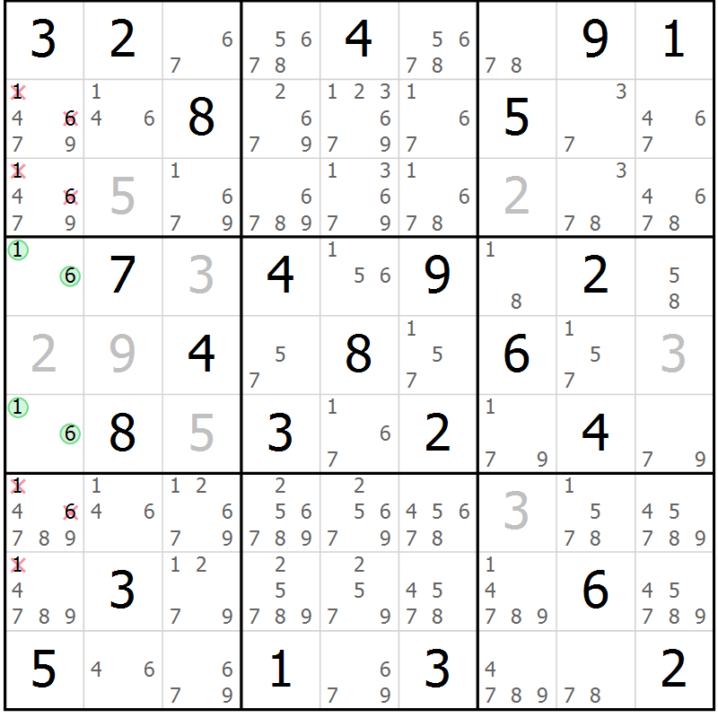 Position des candidats pour la solution de la Gr 65 page 68 du magazine de sudoku Giga sudoku niv 6-8 n° 016