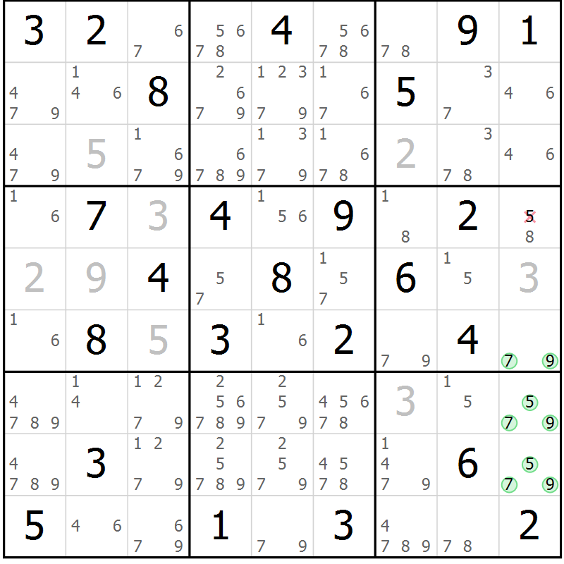 Position des candidats pour la solution de la Gr 65 page 68 du magazine de sudoku Giga sudoku niv 6-8 n° 016