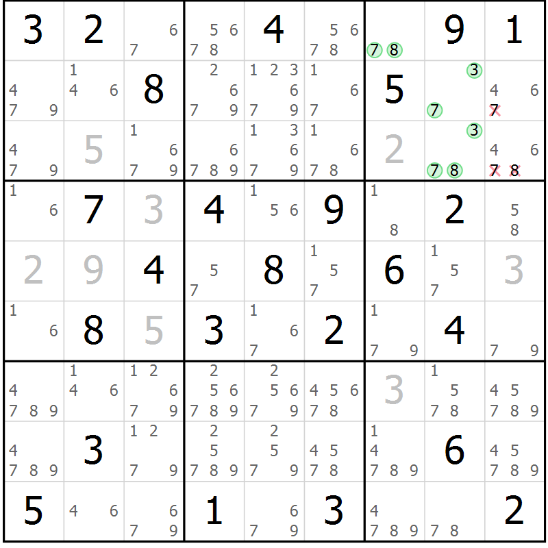 Position des candidats pour la solution de la Gr 65 page 68 du magazine de sudoku Giga sudoku niv 6-8 n° 016