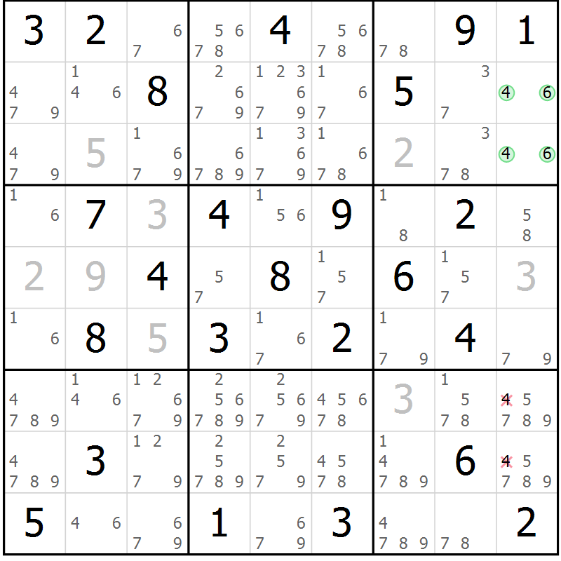 Position des candidats pour la solution de la Gr 65 page 68 du magazine de sudoku Giga sudoku niv 6-8 n° 016