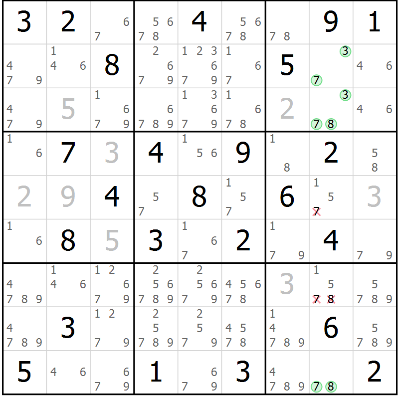 Position des candidats pour la solution de la Gr 65 page 68 du magazine de sudoku Giga sudoku niv 6-8 n° 016
