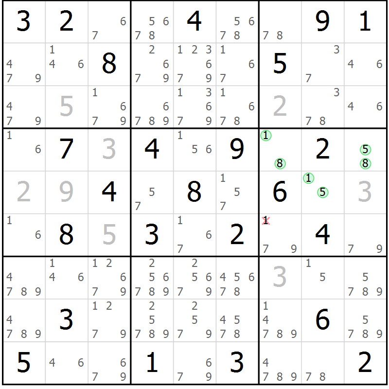 Position des candidats pour la solution de la Gr 65 page 68 du magazine de sudoku Giga sudoku niv 6-8 n° 016