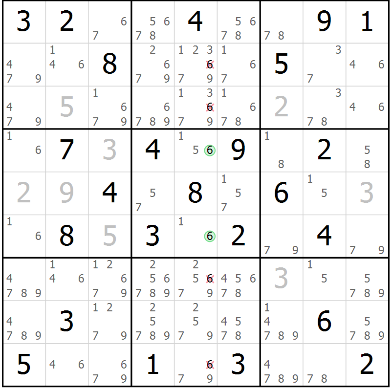 Position des candidats pour la solution de la Gr 65 page 68 du magazine de sudoku Giga sudoku niv 6-8 n° 016