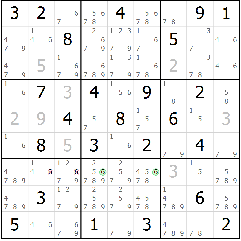 Position des candidats pour la solution de la Gr 65 page 68 du magazine de sudoku Giga sudoku niv 6-8 n° 016