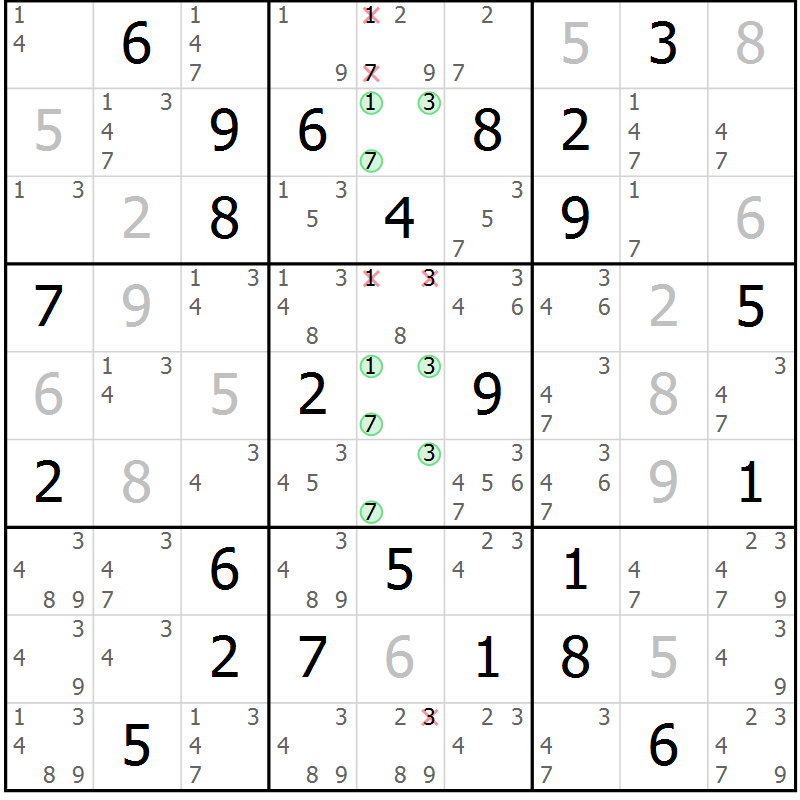 Position des candidats pour la solution de la Gr 66 page 69 du magazine de sudoku Giga sudoku niv 6-8 n° 016