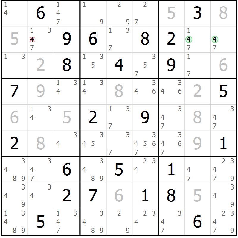 Position des candidats pour la solution de la Gr 66 page 69 du magazine de sudoku Giga sudoku niv 6-8 n° 016