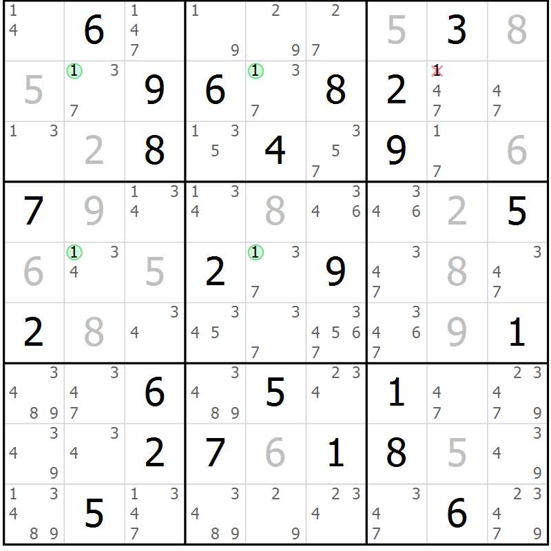 Position des candidats pour la solution de la Gr 66 page 69 du magazine de sudoku Giga sudoku niv 6-8 n° 016