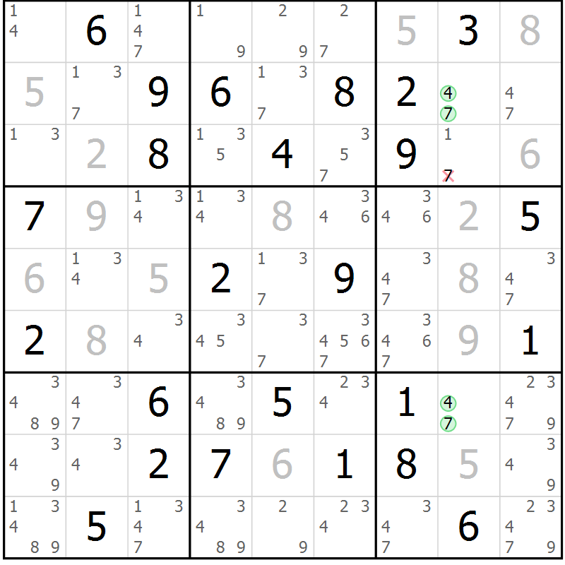 Position des candidats pour la solution de la Gr 66 page 69 du magazine de sudoku Giga sudoku niv 6-8 n° 016