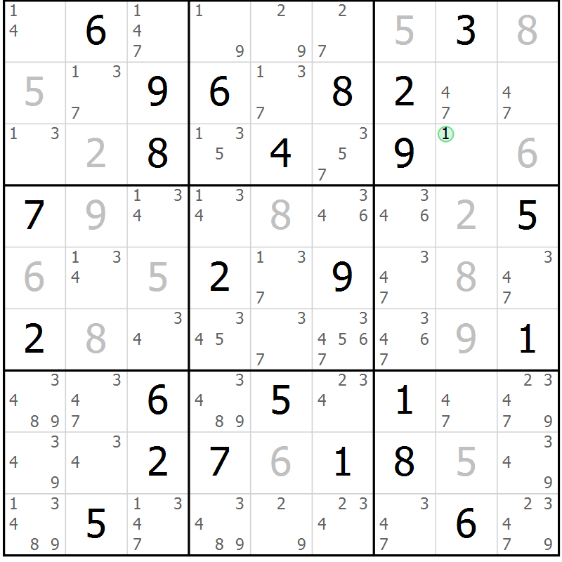 Position des candidats pour la solution de la Gr 66 page 69 du magazine de sudoku Giga sudoku niv 6-8 n° 016