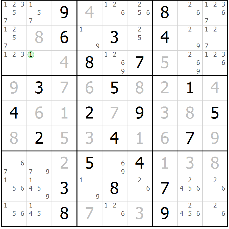 Position des candidats pour la solution de la Gr 69 page 72 du magazine de sudoku Giga sudoku niv 6-8 n° 016