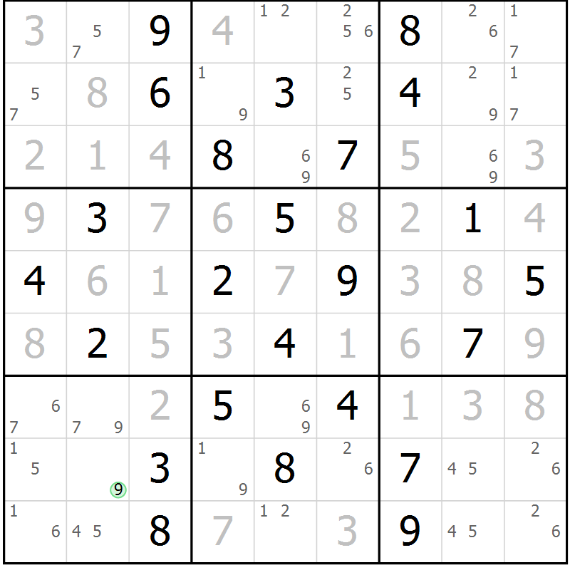Position des candidats pour la solution de la Gr 69 page 72 du magazine de sudoku Giga sudoku niv 6-8 n° 016