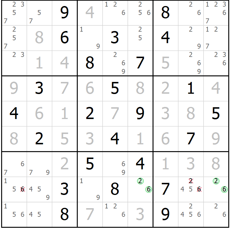 Position des candidats pour la solution de la Gr 69 page 72 du magazine de sudoku Giga sudoku niv 6-8 n° 016